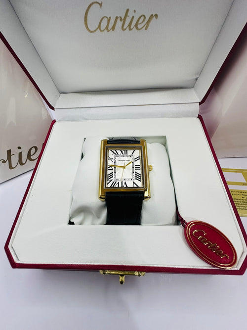 Luxury Gold Square Dial Men’s Watch – White Dial & Black Leather Strap (Cartier-Inspired Design)