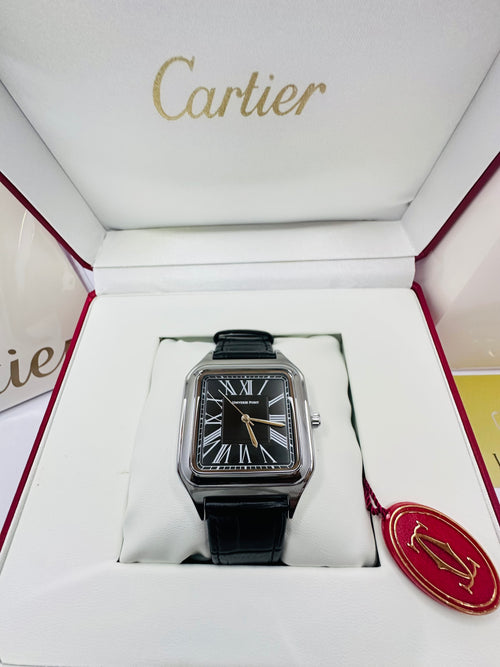 Luxury Square Dial Men’s Watch – Black Dial & Leather Strap (Cartier-Inspired Design)