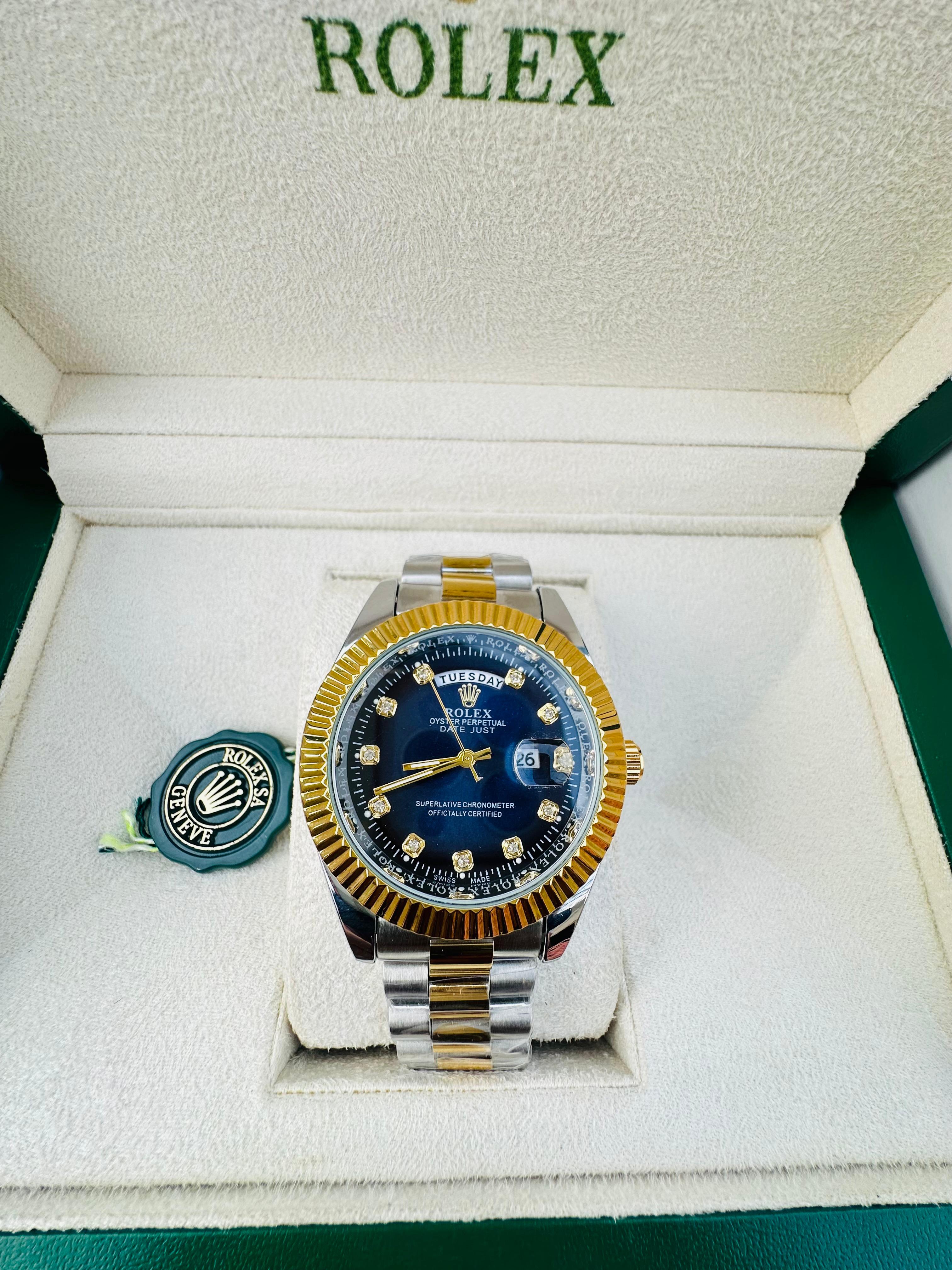 Luxury Two-Tone Gold & Silver Day-Date Watch with Blue Diamond Dial